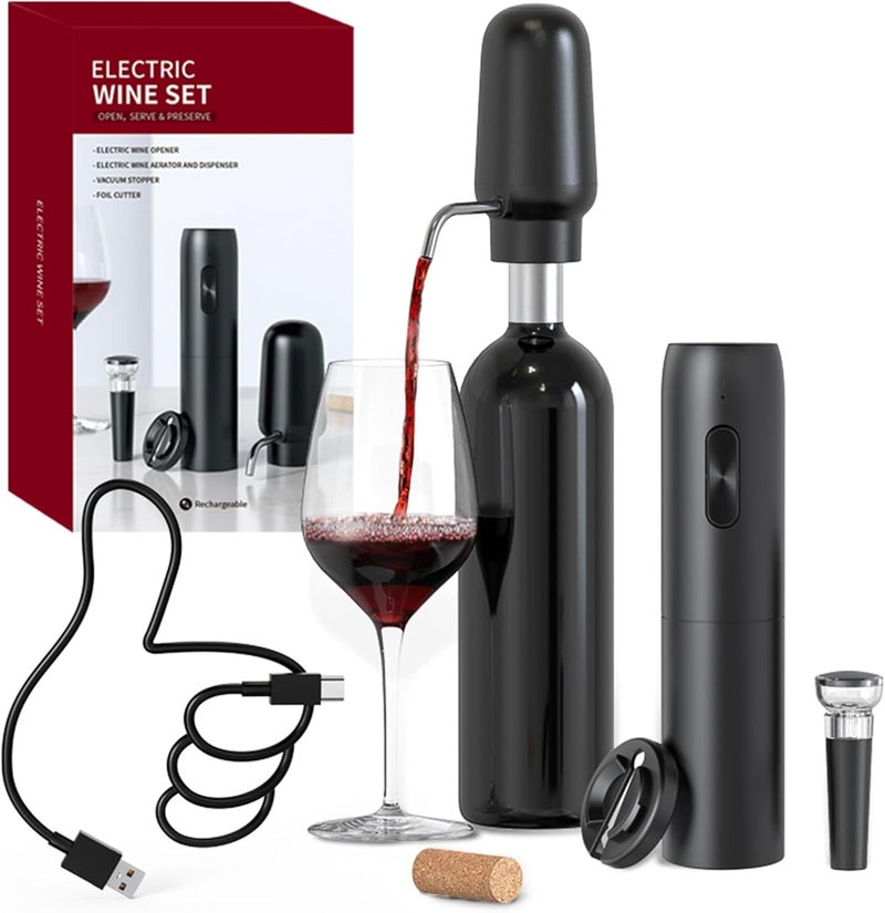 CircleJoy Electric Wine Opener Set 4-in-1 Automatic Corkscrew with Rechargeable Wine Aerator Pourer, Foil Cutter, Vacuum Wine Stopper | Premium Gift Box for Wine Lovers, Black - Image 1